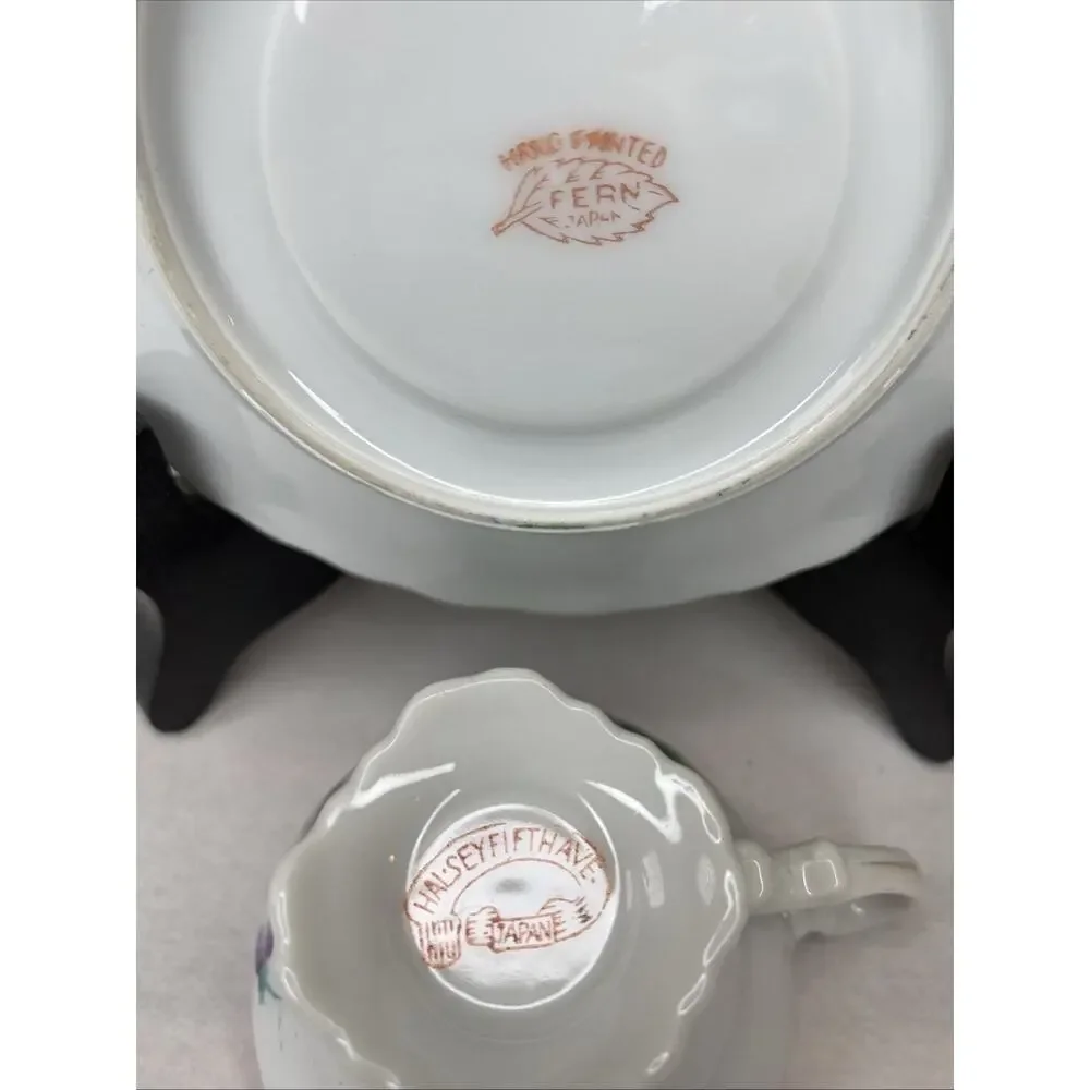 Fern Japan Hand Painted Tea Cup & Saucer Set Of 2 Strawberries Floral 4 PCs